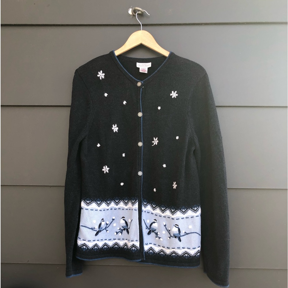 N.Reflections Cotton mix Cardigan - Embroidered Blue Birds/Snowflakes - L